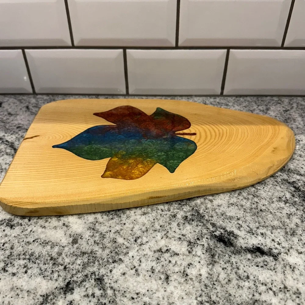 White Mountain Woodworks Live edge Cutting Board Rainbow Resin Leaf Rustic Boho